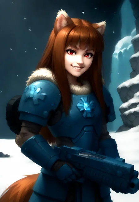 score_9, score_8_up, score_7_up, masterpiece, perfecteyes, holo, brown hair,long hair,red eyes, wolf girl,wolf ear,wolf tail, solo, , looking at the viewer, detailed background, wearing power armor, spcwlf, 3/4 angle, proud smile, a bltgun bolter weapon, holding a bolter weapon in lift arm,  ice, snow, icy cavern, outdoors, fur cloak, holo in spcwlf armor holding a bolter weapon