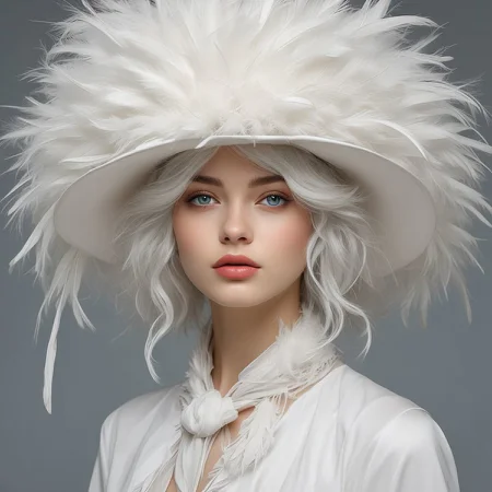 (masterpiece,best quality:1.2), high detailed,realistic,1girl, bellissima, solo, a woman wearing a very white hat with feathers, gray eyes, white hair