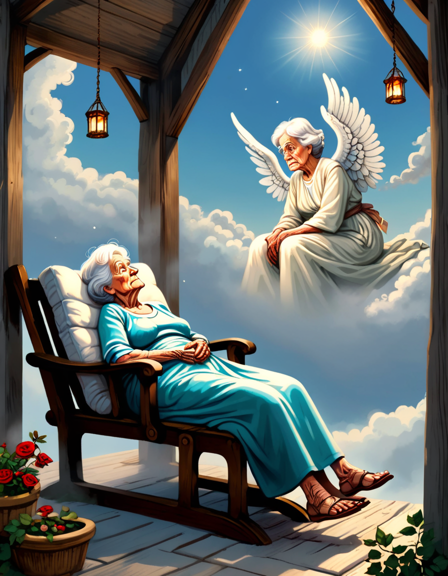 old grandma sitting laying in a hang matt looking at the sky where an angel is looking down on her, ral-fltpn <lora:ral-fltpn:1>