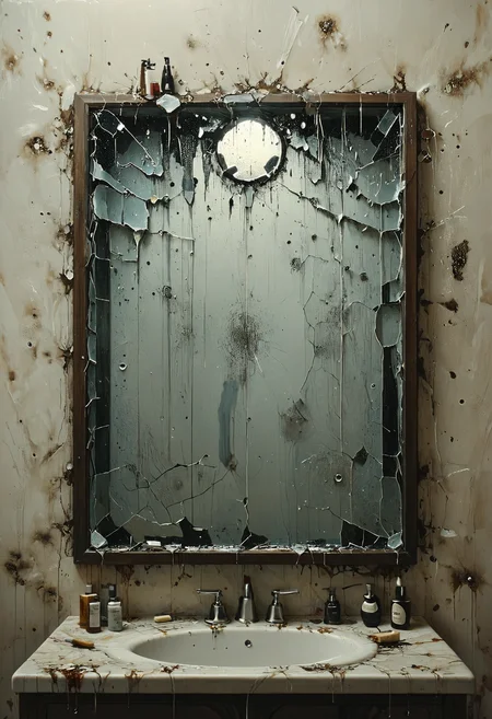 Shattered reflection in cracked bathroom mirror, Storm Lighting, <lora:Melting_world:0.8>, <lora:Colorful_Circles_SDXL:1> mad-circle, <lora:ral-hnycmb:0.8> ral-hnycmb