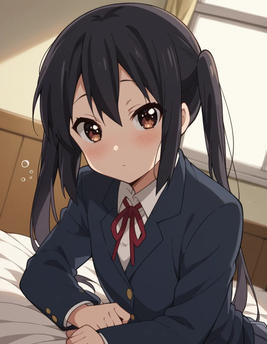score_9, score_8_up, score_7_up, source_anime,
azusanakano, <lora:azusa-nakano-s2-ponyxl-lora-nochekaiser:1>,
azusa nakano, black hair, brown eyes, long hair, twintails,
sakuragaoka high school uniform, school uniform, uniform, blazer, shirt, white shirt, collared shirt, skirt, pleated skirt,
indoors, bed, bed room, on side, blush, drunk,
looking at viewer, cowboy shot, dutch angle, solo,