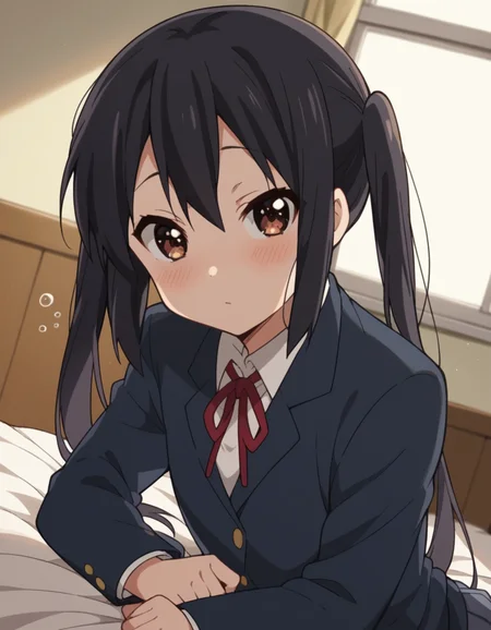 score_9, score_8_up, score_7_up, source_anime,
azusanakano, <lora:azusa-nakano-s2-ponyxl-lora-nochekaiser:1>,
azusa nakano, black hair, brown eyes, long hair, twintails,
sakuragaoka high school uniform, school uniform, uniform, blazer, shirt, white shirt, collared shirt, skirt, pleated skirt,
indoors, bed, bed room, on side, blush, drunk,
looking at viewer, cowboy shot, dutch angle, solo,