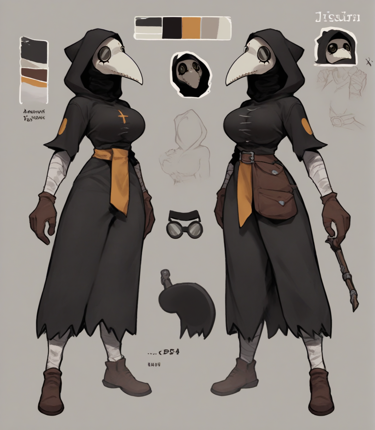 score_9, score_8_up, score_7_up, score_6_up, score_5_up, score_4_up, source_furry, plague doctor, 1girl, solo, hood, mask, gloves, faceless, plague doctor mask, tall, bandage, breasts, full-length portrait, full body, model sheet, multiple expressions, 
<lora:plaguedoctor_pdxl_:1>