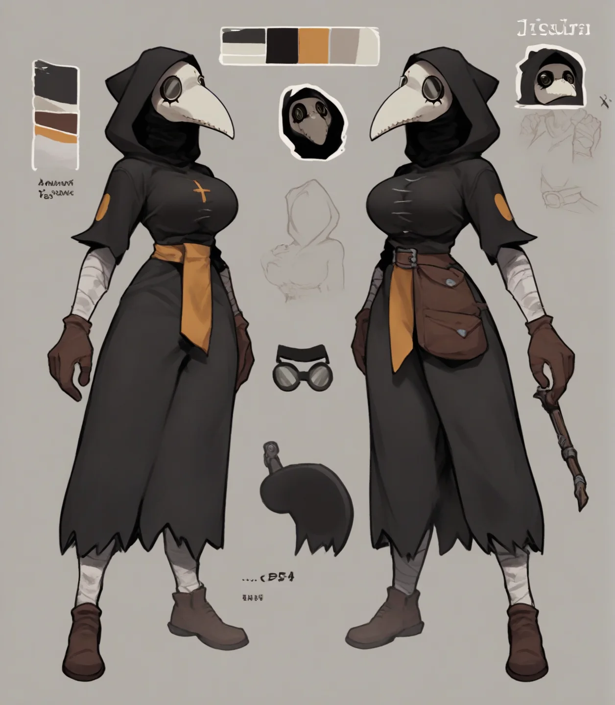 score_9, score_8_up, score_7_up, score_6_up, score_5_up, score_4_up, source_furry, plague doctor, 1girl, solo, hood, mask, gloves, faceless, plague doctor mask, tall, bandage, breasts, full-length portrait, full body, model sheet, multiple expressions, 
<lora:plaguedoctor_pdxl_:1>