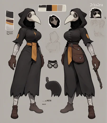 score_9, score_8_up, score_7_up, score_6_up, score_5_up, score_4_up, source_furry, plague doctor, 1girl, solo, hood, mask, gloves, faceless, plague doctor mask, tall, bandage, breasts, full-length portrait, full body, model sheet, multiple expressions,
<lora:plaguedoctor_pdxl_:1>