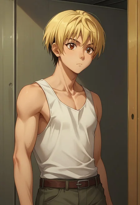 score_9, score_8_up, score_7_up, source_anime, highly detailed,
takaki, 1boy, male focus, solo, blonde hair, pants, brown eyes, tank top, white tank top, upper body, slender
indoor, hangar,
