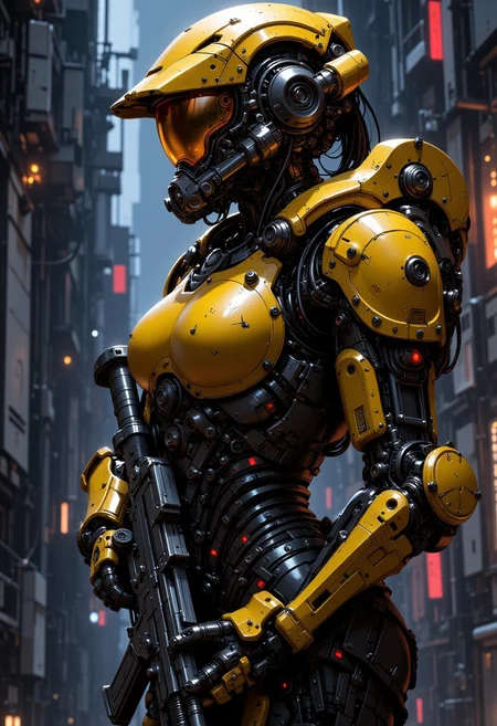 D4rkCyb3rDyn34n1m3 style, photorealistic image of a female space marine in yellow and black armour, helmet with a clear visor reflecting light, hyperdetailed helmet, holding an assault rifle, dark abstract background suggesting interior of spaceship