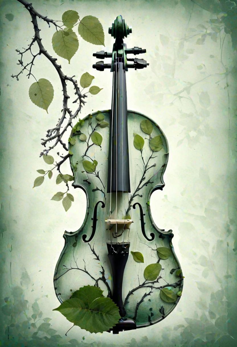 weathered violin, double exposure, gnarled tree branches, delicate spring leaves, (stark contrast:1.2), (high detail:1.3), symbolism of age and renewal, (monochromatic tones with a single vibrant green leaf:1.3)