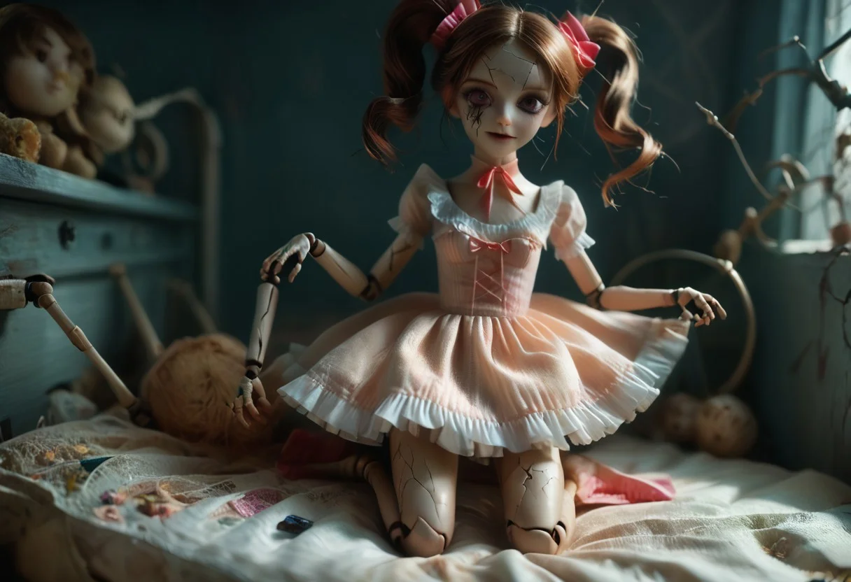 masterpiece, ultra detailed, detailed background, (cr@ckedp0rcelainT2),detailed face, 4k, HD, 8k, highres, antialiasing, detailed, texture, an ol doll, doll joints, evil smile, (cracked skin:1.75), cr@ckedp0rcelainT2, sweetegl, sweetop, swe3tjsk, bl0use,
full body portrait of a tattered dusty old creepy voodoo doll, with a old dirty frill mini dress, all fours,
twin tails, petite, skinny, round face, freckles, brown hair, large breasts, perfect round breasts, big erect nipples, extremely narrow waist,
wearing a long dusty stained patchwork dress, haunted scene, spider, webs and potions on shelf, horrific details, very detailed,
arcane circle, eye level angle, intricate details, highly detailed, insanely detailed, 8K, hd, cinematic lighting, centered compositon, photorealistic, high resolution, hyper-realistic, ultra-detailed, cinematic lighting, rim lighting, volumetric lighting, sharp focus, shallow depth of field.