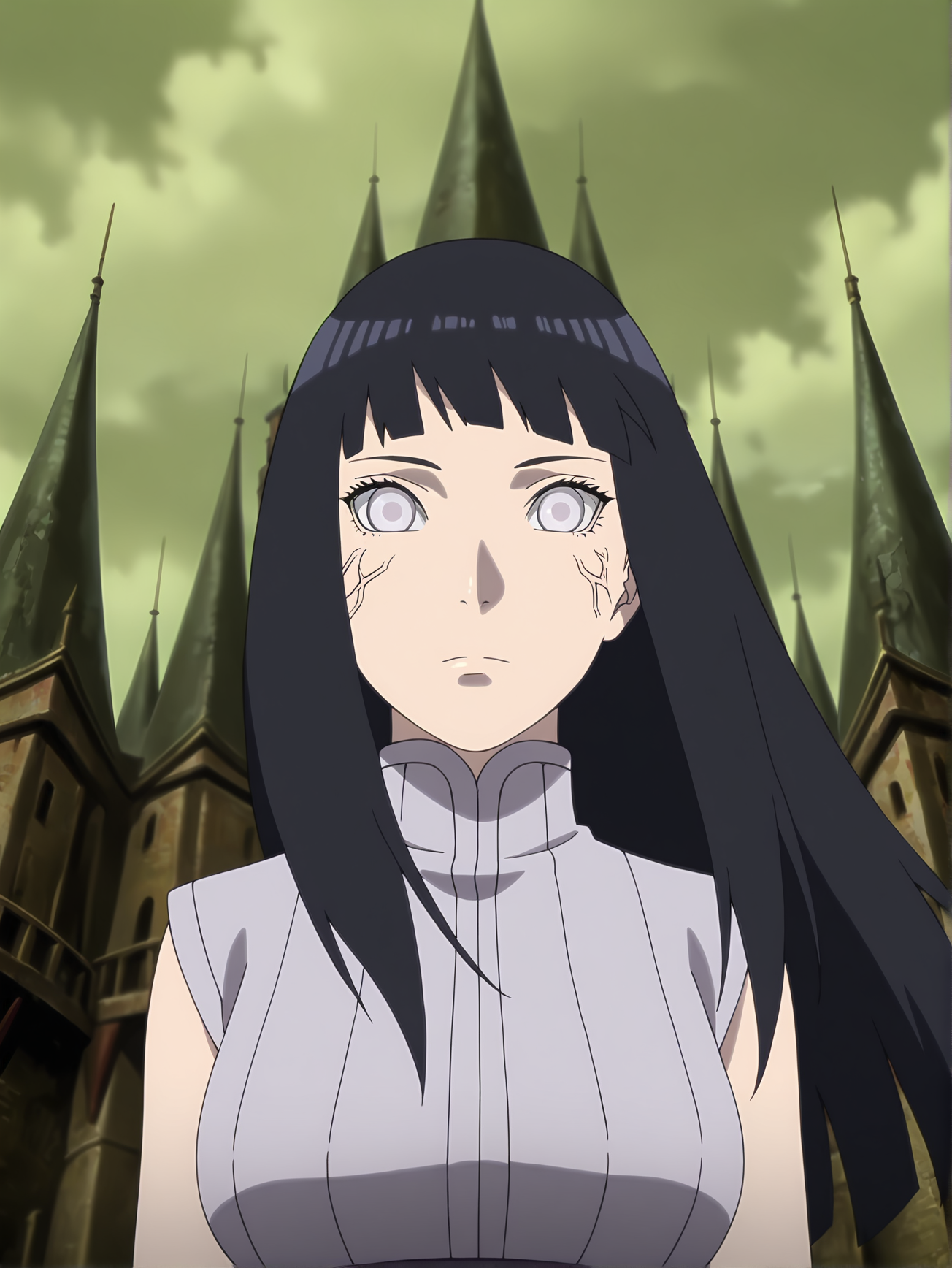 <lora:Hinata_Hyuga:0.8>, hinata, 1girl, solo, long black hair, bangs, white eyes, sleeveless gray shirt, high collar, byakugan, startled, focused, wide eyes, closed mouth, standing, looking at viewer, upper body, low angle, frontal view, green cloudy sky, castle background