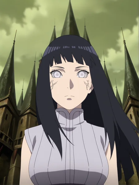 <lora:Hinata_Hyuga:0.8>, hinata, 1girl, solo, long black hair, bangs, white eyes, sleeveless gray shirt, high collar, byakugan, startled, focused, wide eyes, closed mouth, standing, looking at viewer, upper body, low angle, frontal view, green cloudy sky, castle background
