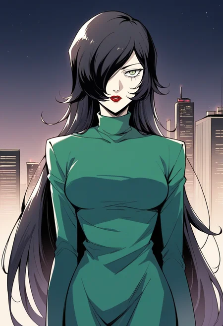 score_9, score_8_up, score_7_up, source_anime BREAK 1girl, solo,   <lora:zs_JunkoXL:1> junkop2, black hair, very long hair, hair over one eye, green eyes, lipstick, green dress, turtleneck,
cowboy shot, city, night
