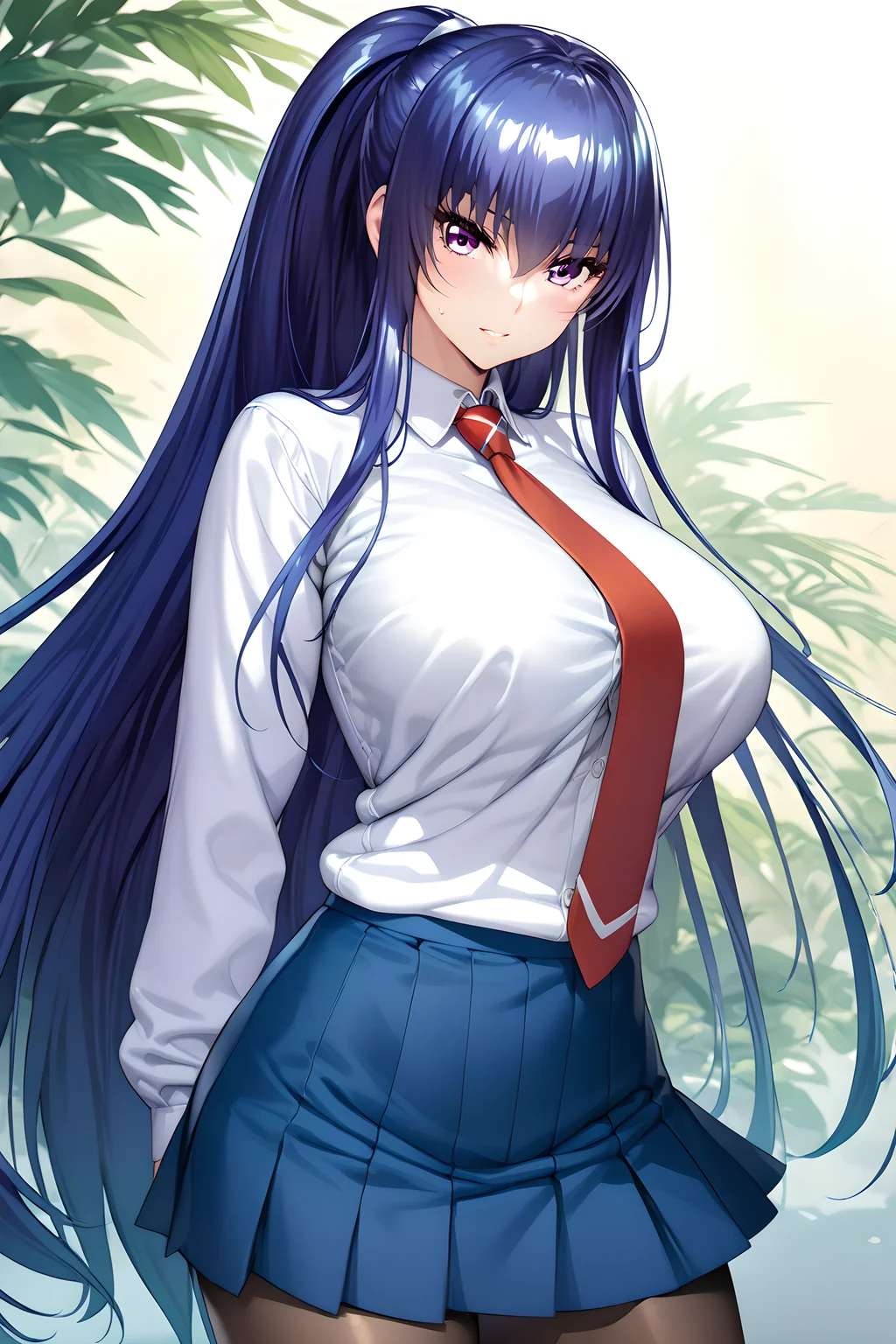 (masterpiece),(best quality),(ultra-detailed),(best illustration),(best shadow),(absurdres),(detailed background),(very aesthetic)akiyama rinko, 1girl, breasts, long hair, pantyhose, solo, necktie, skirt, purple eyes, blue hair, white background, schooluni,  upper body view, <lora:Akiyama_Rinko_ç§å±±åå­_-_Taimanin_RPGX_å¯¾é­å¿RPGX_-_SDXL_Animagine_XL_3.1-10epoch:1>