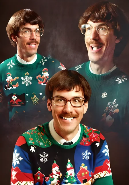 a portrait of a goofy nerdy man, double exposure effect, a80psdxl, dark background, <lora:a80psdxl:1>, ugly sweater,