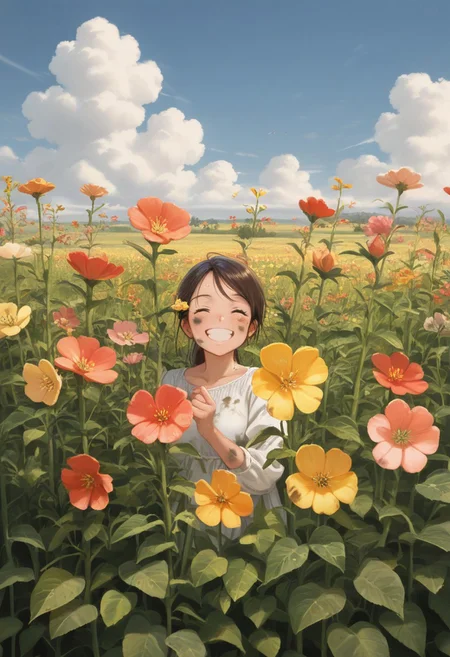 masterpiece, best quality, amazing quality, soviet, spring, girl works in her garden, she is smiling, outdoors, dirty, day, blue sky, cloudy sky,