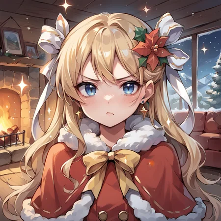 (score_9, score_8_up, score_7_up), source anime, <lora:backgroundsetXL:0.2> , background, indoor, interior, winter, log cabin, fireplace, sparkles, glitter, fairies, mountain, BREAK
<lora:Priscilla:0.6> , prdef, 1girl, blonde hair, blue eyes, long hair, hair ornament, hair ribbon, white hair ribbon, neck ribbon, yellow neck ribbon, hair flower, earrings, capelet, fur-trimmed capelet, pout, frown, ((close-up, face)), christmas (theme), red shirt, dress, perfect hands, arms at sides, looking at viewer, <lora:3th3r34lXLP:0.5> , 3th3r34l,
