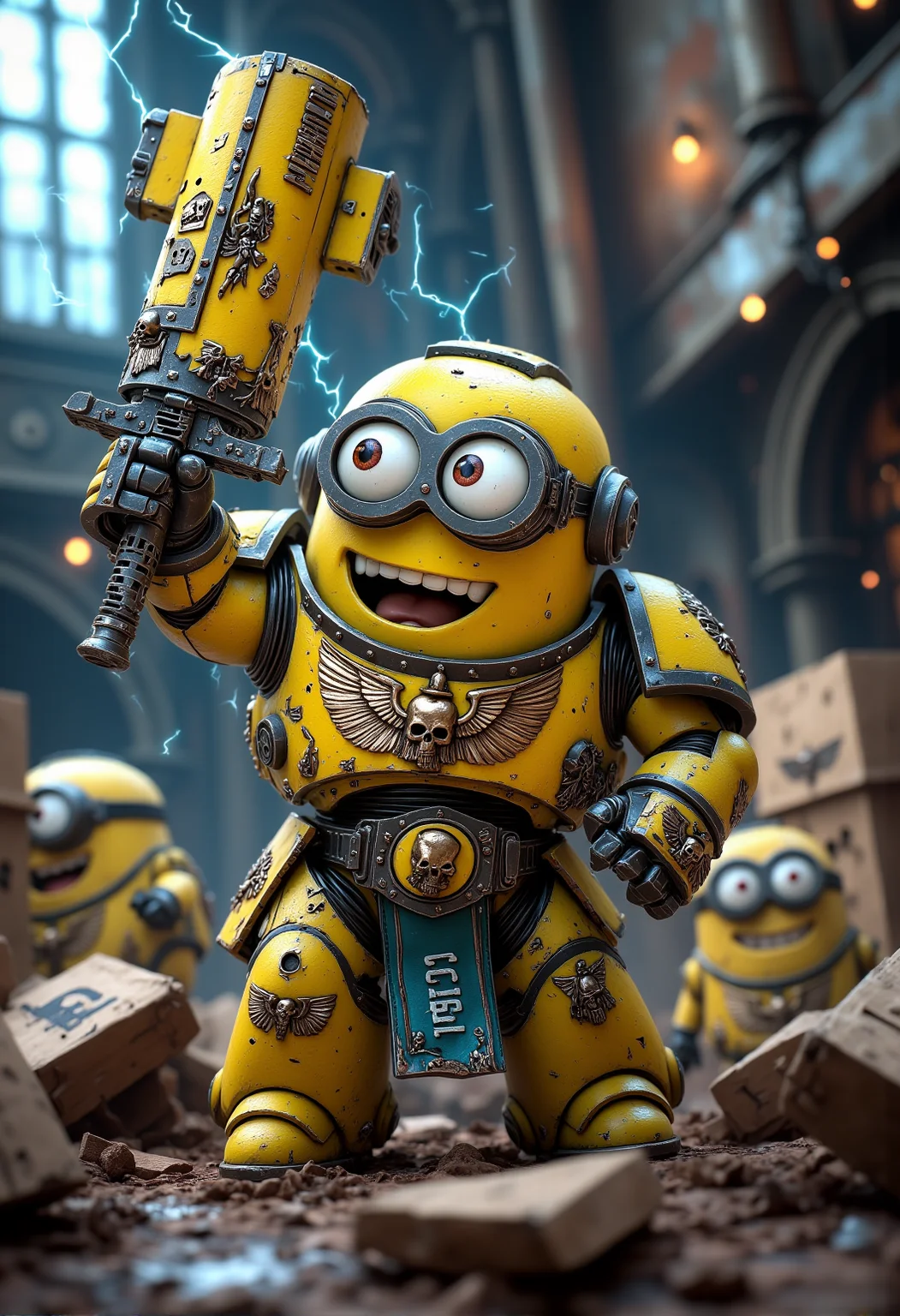 space marine. A fierce but tiny Minion dressed in ceremonial armor with a polished shine, covered in intricate Minion symbols and cartoonish purity seals. The Minion is without a helmet (no helmet:2.0), showcasing their iconic Minion goggles, expressive eyes, and wide smile. The Minion is wielding a power hammer humorously shaped like a giant banana, crackling with blue energy. The Minion is depicted in a scene such as: standing triumphantly on a pile of rubble, raising a chainsword high, banana insignia glinting in the light. The Minion's expression is joyfully fearless, showing teeth in a wide grin. The scene should be depicted in a colorful but gritty Warhammer 40k style, with bright yellows and blues to emphasize the Minionsâ classic color scheme. The armor and weapons are detailed with ornate designs, but humor is maintained through Minion-themed accessories and comical touches. Witty details include: a bolter adorned with stars and banana stickers, clearly personalized by the Minion. Background elements should resemble classic Warhammer 40k settings but with a humorous Minion twist, such as: a war zone with banana crates mixed among the supply crates, Minions occasionally peeking out. , <lora:sm2.safetensors:1.0:1.0>
