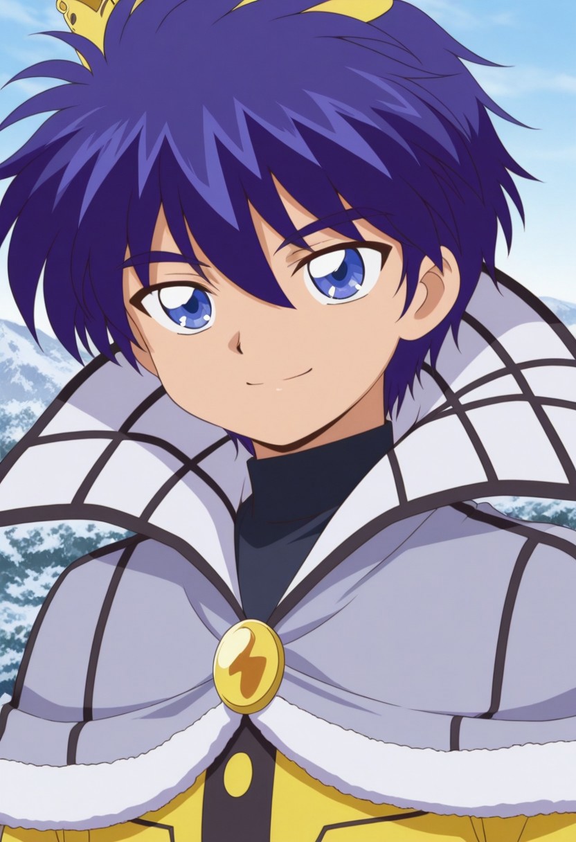 masterpiece,best quality,amazing quality, source_anime, retro artstyle,
sheido, 1boy, male focus, solo, blue eyes, blue hair, crown, shirt, black shirt, turtleneck, capelet, grey capelet, coat, yellow coat,  smile, portrait,
outdoor,