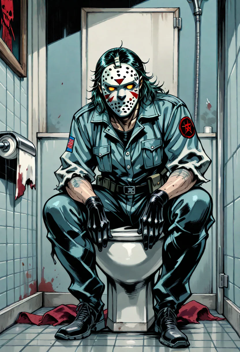 yshinkawa, anime, highly-detailed, best quality, masterpiece, newest, very aesthetic, 1boy, Jason Voorhees (Friday the 13th), sitting on toilet, bathroom