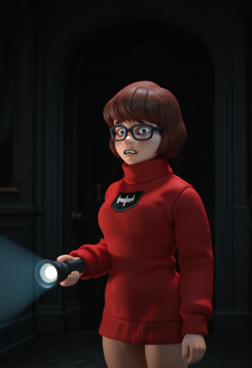 r0b0style, 3d figure,   masterpiece, best quality, solo,                     velma dace dinkley, sweater, glasses, freckles, spooky mansion interior, holding flashlight, worried, dark lighting, cinematic,