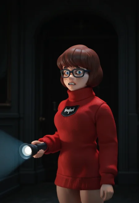 r0b0style, 3d figure, masterpiece, best quality, solo, velma dace dinkley, sweater, glasses, freckles, spooky mansion interior, holding flashlight, worried, dark lighting, cinematic,