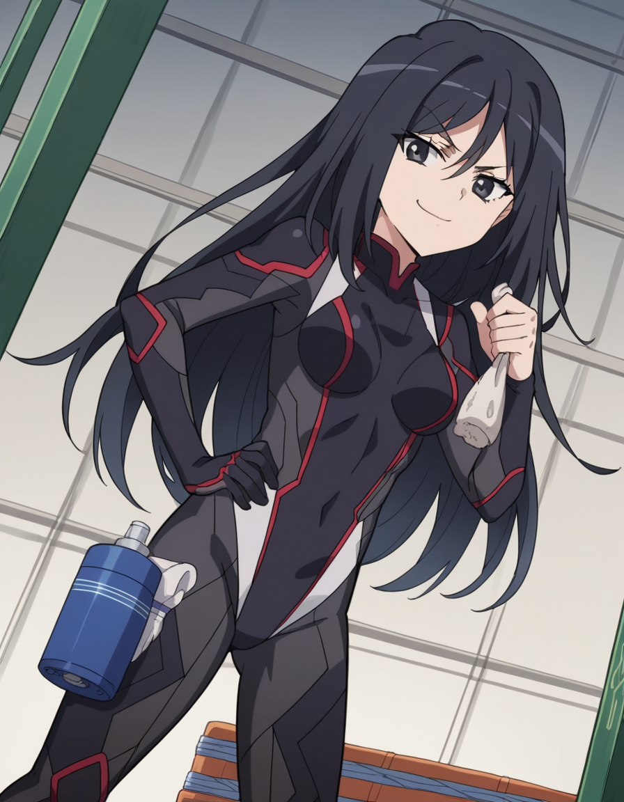score_9, score_8_up, score_7_up, source_anime, <lora:shutaura-sequenzia-movie-ponyxl-lora-nochekaiser:1>, shutaura sequenzia, long hair, black hair, black eyes, hair between eyes, anime screencap,, bodysuit, black bodysuit, pilot suit, gym storeroom, equipment, supplies, cleaning, storage, , smug, hand on own hip,, looking at viewer, solo,, dutch angle, cowboy shot