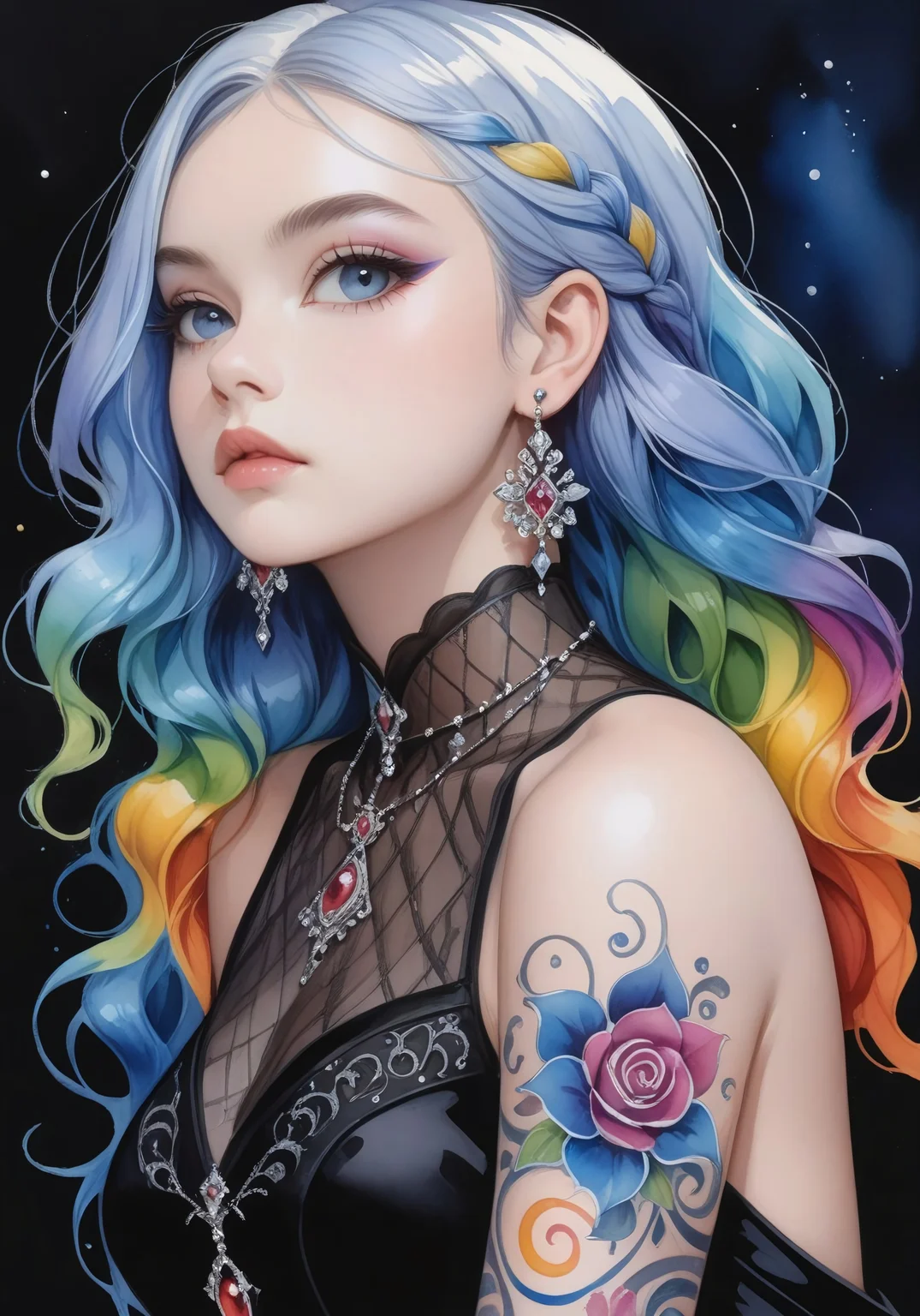 A youthful and elegant European teenage beauty with porcelain skin and long eyelashes poses confidently in a flowing white and black gown at a high-end cocktail party. Her light blue hair cascades down her back like a river of night sky, adorned with BioInk rainbow tattoos on her arms. She wears silver earrings that catch the colorful wavelengths of light, reflecting off her delicate features. The Gothic-inspired costume is expertly painted in watercolor and gouache, showcasing lifelike texture and mastery. The dark art style accentuates her beauty, as she exudes a lively aristocratic vibe amidst the luxurious backdrop.