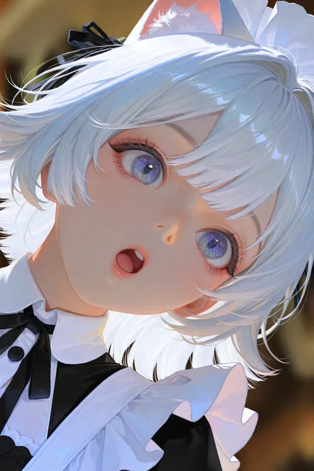 very awa(taro-k:0.5), (opossumachine:0.3), (maccha \mochancc\:0.25), 1girl, cat ears, :o, maid,  close-up, hdr, no lineart, realistic, blurry,  masterpiece, [best quality:0.25], newest, absurdres, very aesthetic, best quality, year 2024, newest, <lora:748cmSDXL:0.3> 748cmstyle,  <lora:ponyv6_noobE11_2_adamW:0.35> <lora:illustriousXL_stabilizer_v1.23:0.4> <lora:G0zeNA_style:0.75> G0zeNA_illu, abstract, surreal,