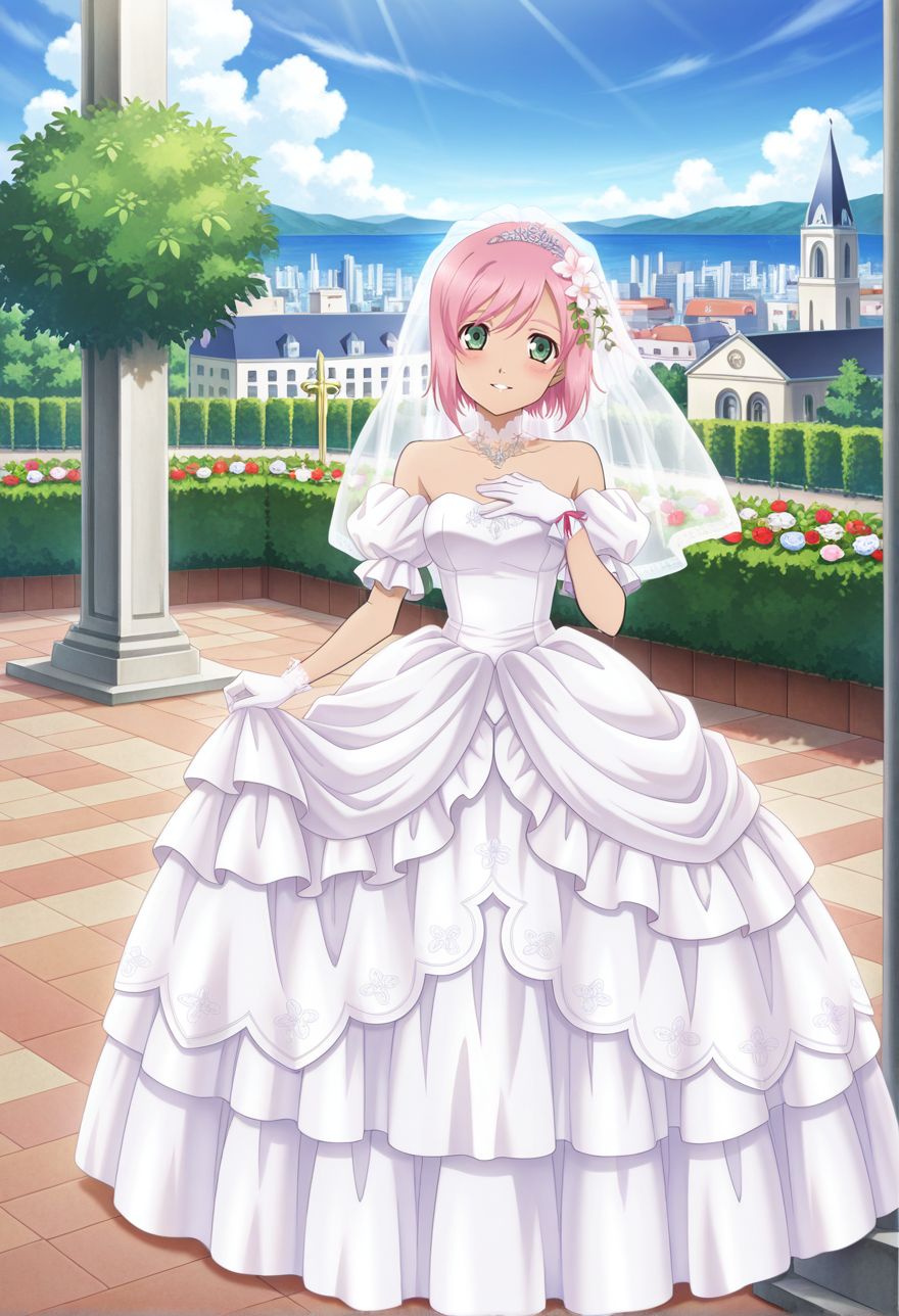 detailed eyes, beautiful, detailed background, perfect eyes,
source_anime, very aesthetic, anime coloring, masterpiece, official art,
<lora:HandFineTuning_XL:1>
BREAK,
church, garden, flowers, cityscape,
standing, parted lips, light smile, blush, hand on chest,
dynamic angle, full body, 
BREAK,
<lora:estelleX_illustriousXL_v03:0.9>
estellernd, pink hair, short hair, green eyes, bangs, 
wedding dress, bridal veil,