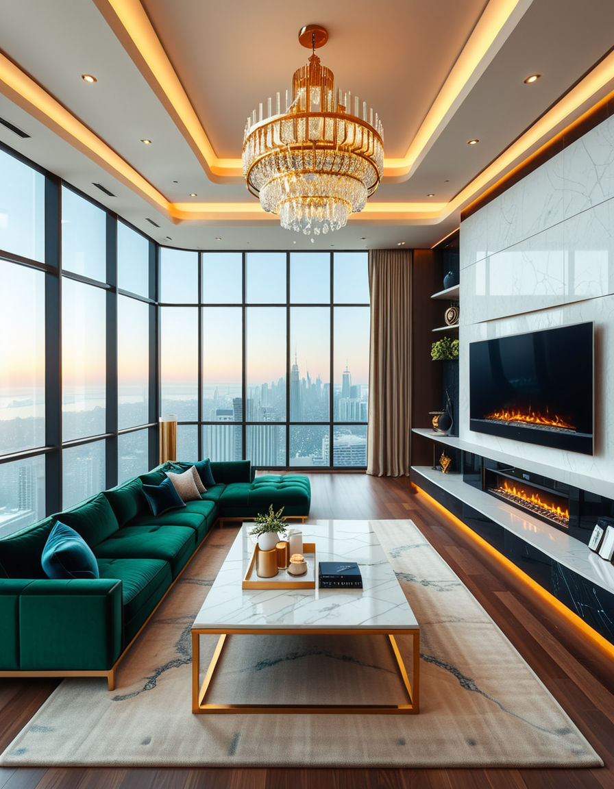 A lavish and modern luxury living room with a spacious open layout. The room features a grand chandelier with crystal details hanging from a high ceiling. Plush velvet sofas in deep emerald green and navy blue are arranged around a sleek marble coffee table with gold accents. The floor-to-ceiling windows allow natural light to flood the space, revealing a breathtaking city skyline in the background. A contemporary fireplace with a sculptural design adds warmth, while elegant artwork and designer decor pieces complete the sophisticated ambiance. The lighting is soft and ambient, creating a cozy yet opulent atmosphere.
<lora:SDXLFaeTastic2400:0.4> <lora:extremely_detailed:0.4> extremely detailed,  <lora:luxurious_l1v1ng_r00m:1>,luxurious l1v1ng r00m, Masterpiece,best quality,hi res,8k,hi res,8k,award winning,(sharp focus, intricate, highly detailed),