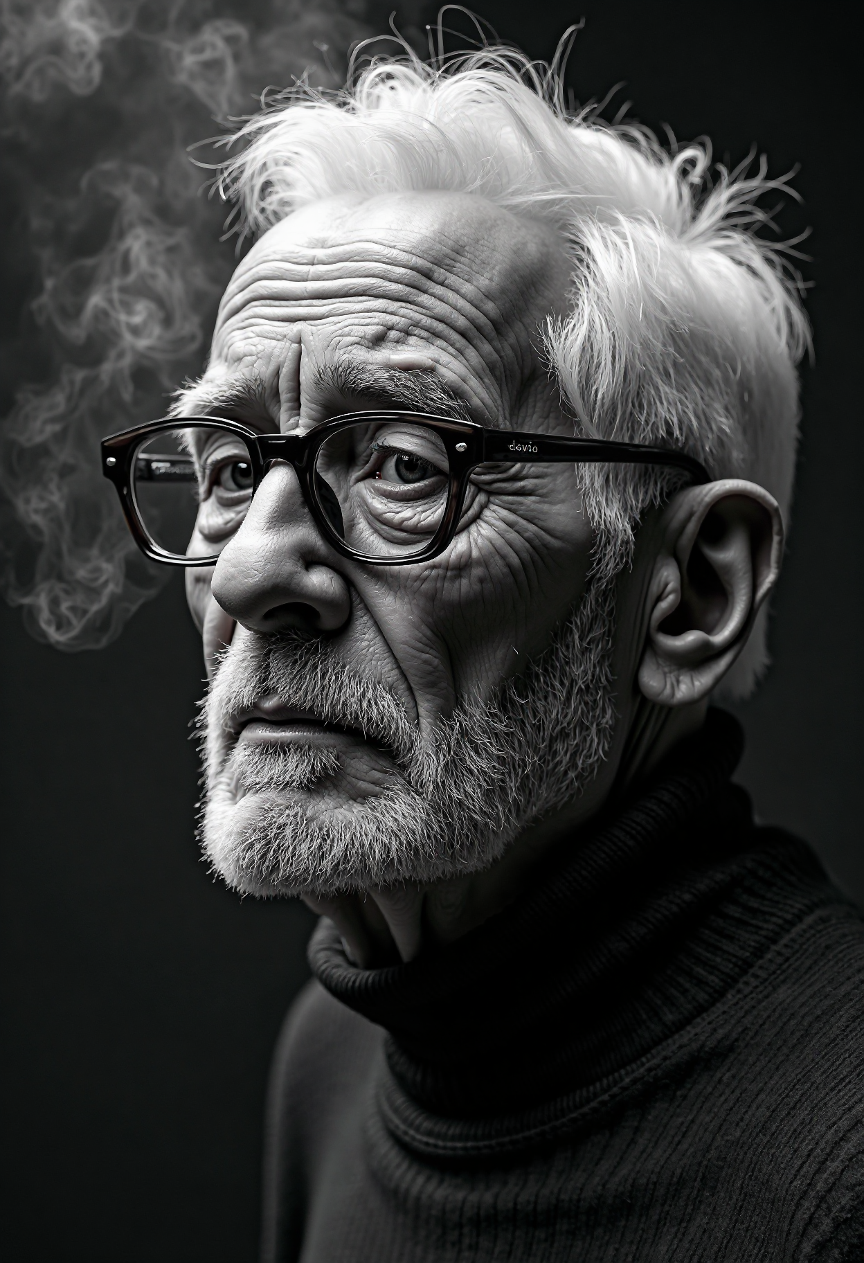 A highly detailed, black-and-white, silhouette, closeup, professional photo portrait of a old man with wrinkles and white hair. He has tanned skin and sad eyes framed by big glasses. His hair is short and white. He wears an elegant sweater. The background is pitch black, with smoke behind the woman, creating a dramatic contrast with hia tanned skin and white hair, drawing the viewerâs focus entirely onto her. The lighting, hitting only one side of his face, is hard in chiaroscuro style, giving depth to her features and an air of mystery. The overall style blends gothic and fantasy influences, with a strong emphasis on realism and a refined sense of elegance and enigma.