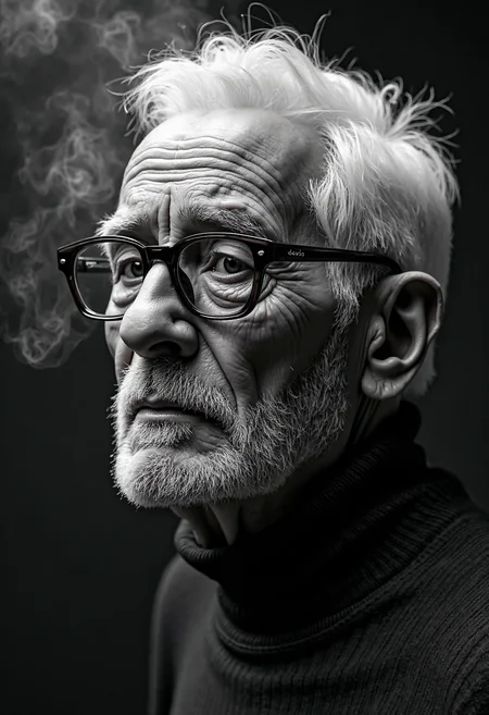 A highly detailed, black-and-white, silhouette, closeup, professional photo portrait of a old man with wrinkles and white hair. He has tanned skin and sad eyes framed by big glasses. His hair is short and white. He wears an elegant sweater. The background is pitch black, with smoke behind the woman, creating a dramatic contrast with hia tanned skin and white hair, drawing the viewerâs focus entirely onto her. The lighting, hitting only one side of his face, is hard in chiaroscuro style, giving depth to her features and an air of mystery. The overall style blends gothic and fantasy influences, with a strong emphasis on realism and a refined sense of elegance and enigma.
