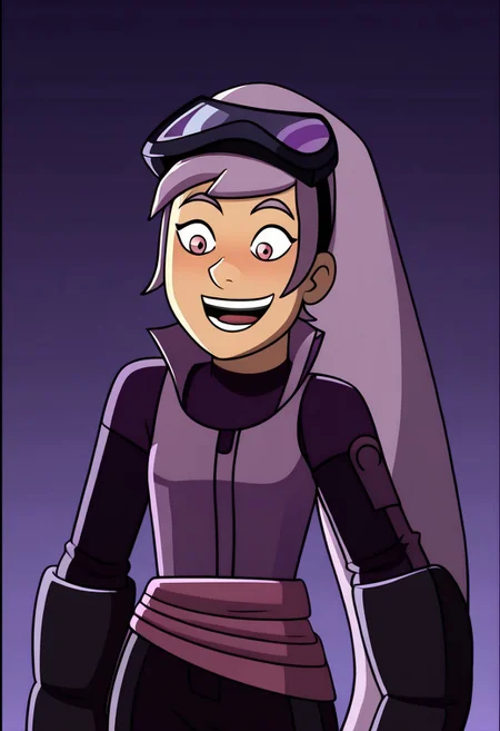 ((flat colour, solo,)), CHEntrapta, Entr Outfit, Welding Mask on Head, solo, excited, dark room,