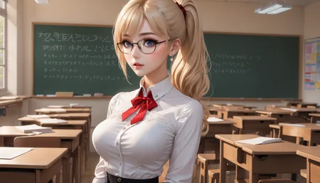 <lora:xl_victorian_dress-1.0:0.5>, victorian dress, raw photo, backview, blonde teacher with cute makeup, age 40, face detailing, (holding textbook and with a pointer: 1.4) , black tight superminiskirt 40 cm long with slit on the back, in high-heeled shoes, in the crowded classroom, white tight - fitting blouse , stylish glasses, , (Thigh high socks :1.3), ponytail, red ribbon, skin tight , (side breasts) , shoulder, collarbone, students, desks ,chairs, long earrings, textbooks, blackboard, classroom, graphic eyeliner, rouge, (choker:0.9), realistic skin texture,,, very thin waist, <lora:SDXL_MassiveCowsLoRA_v1:0.1> breasts, cleavage, slim body,, (8k, masterpiece, best quality, ultra-detailed), (an extremely delicate and beautiful)kawaii, cute, very big eyes, Aesthetic Anime Eyes, small face, large breasts, cinematic lighting, , Intricate, High Detail, Sharp focus, dramatic, masterpiece, best quality, ultra-detailed,