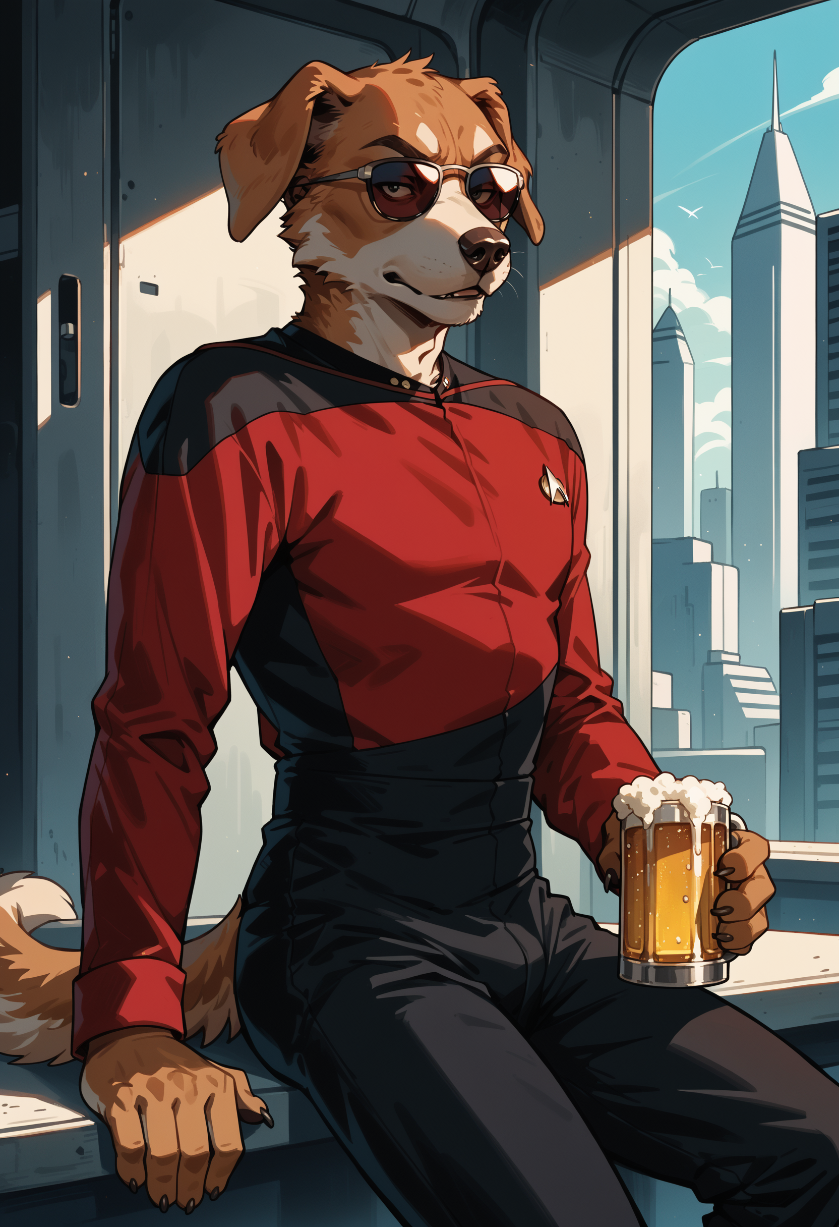 score_9, score_8_up, score_7_up, score_6_up, score_5_up, score_4_up, 1boy, solo, furry, dog, sunglasses, beer
sttng1,star trek red uniform,black shoulders,black pants,long sleeves
,<lora:TNGS1-000030>