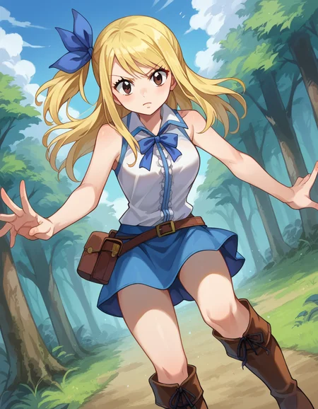 score_9, score_8_up, score_7_up, source_anime,
lucyheartfilia, <lora:lucy-heartfilia-ponyxl-lora-nochekaiser:1>,
lucy heartfilia, blonde hair, brown eyes, one side up, ribbon, hair ribbon, blue ribbon, long hair,
skirt, shirt, bare shoulders, boots, sleeveless, blue skirt, sleeveless shirt, white shirt, zipper,
outdoors, forest, nature,
looking at viewer, cowboy shot, dutch angle, dynamic pose,