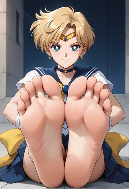 score_9, score_8_up, score_7_up, score_6_up, score_5_up, score_4_up, source_anime, BREAK, (masterpiece:1.4), (best quality:1.2), expressive eyes, perfect face, perfect anatomy, accurate anatomy, perfect feet, perfect soles, 1 girls, feet, soles, toes, foot focus, front view, smile, cute expression, clean feet, sitting, hands on ground, showing feet, barefoot, PONYXL_WaifuFeetPics_ownwaifu, feet, Sailor Uranus, blonde short hair, sailor senshi uniform, circlet, darkblue skirt, darkblue sailor collar, yellow bowtie, darkblue choker, white gloves