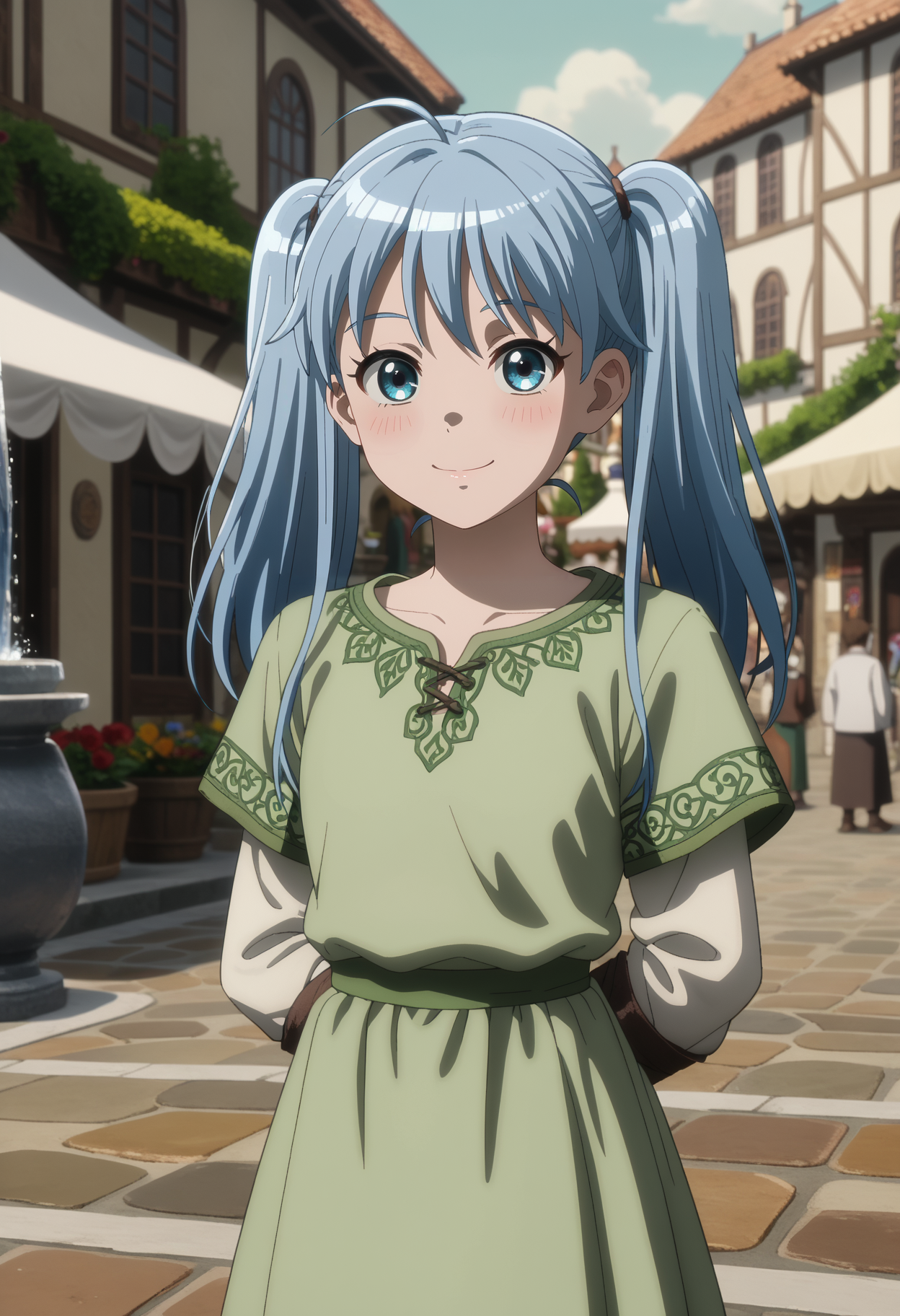 score_7_up, anime screencap,
<lora:BenriyaSaitou-San_LafanpanXL:0.9>,
1girl, solo, closed mouth, smile,
blue hair, blue eyes, twintails, ahoge,
LafanpanHuman, green dress, white shirt, layered sleeves,
standing, looking at viewer, arms behind back,
blurry background, medieval, street, fountain