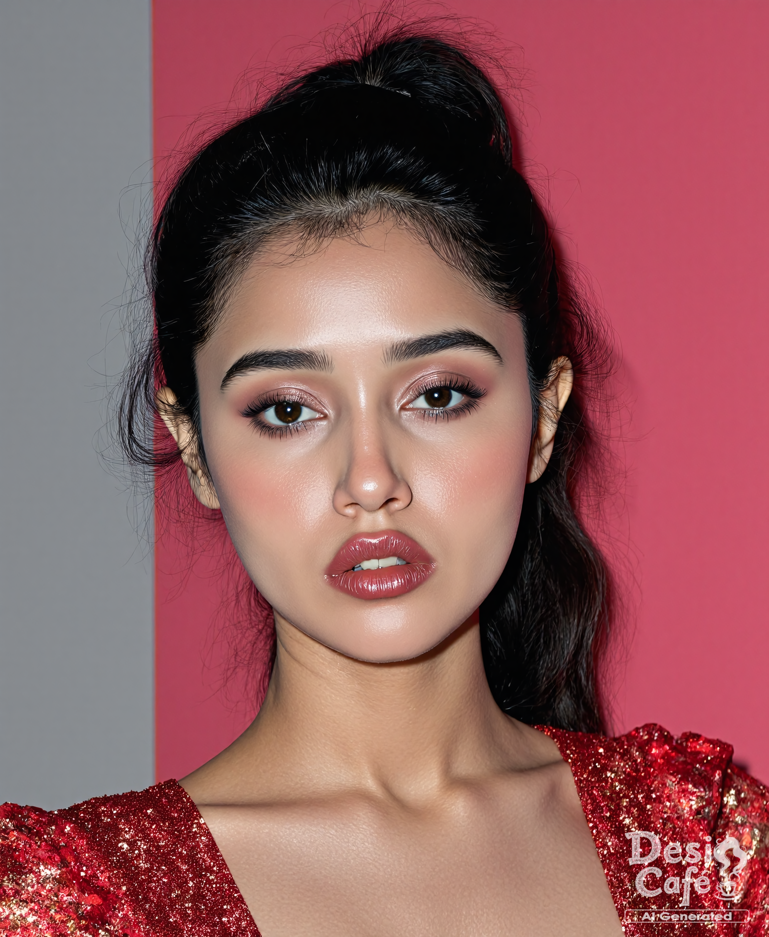 black and white photo of woman with d351 h0nth lips, hyper realistic photo that is safe for work, shouting, studio quality image with natural colors, well dressed wearing intricate long sleeved Crimson floral summer dress, hair styled as  high ponytail,muted pastel shaded multicolored background that contrasts with the person, cinematic lighting,ââ   <lora:d351 h0nth - Pouty Indian Lips - V2:1>âââ