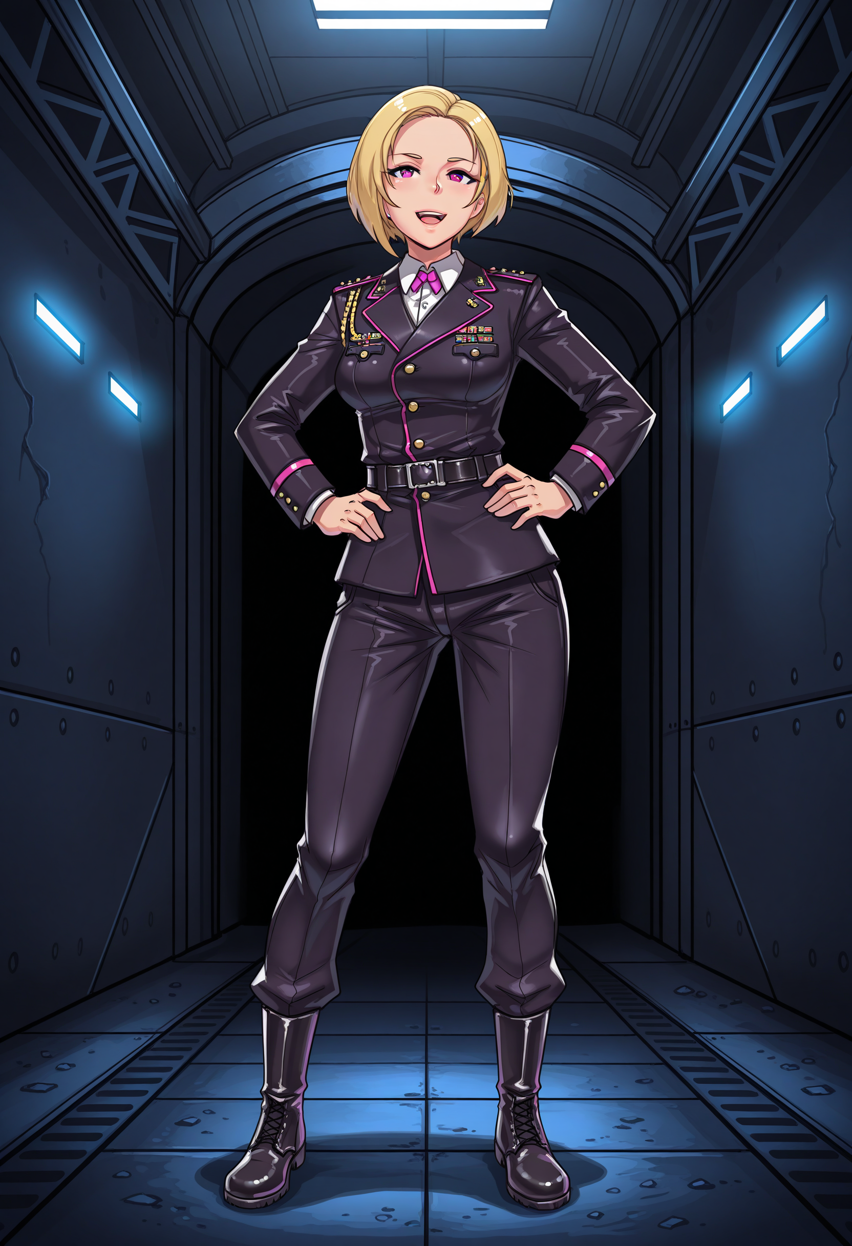 masterpiece,best quality,absurdres,1girl, <lora:IllustriousAlexander:0.75>,alexanderzh,military,military uniform,short hair,blonde hair,purple eyes,standing,hands on hips,pants,boots,happy,:d,full body,indoors,bunker,underground
