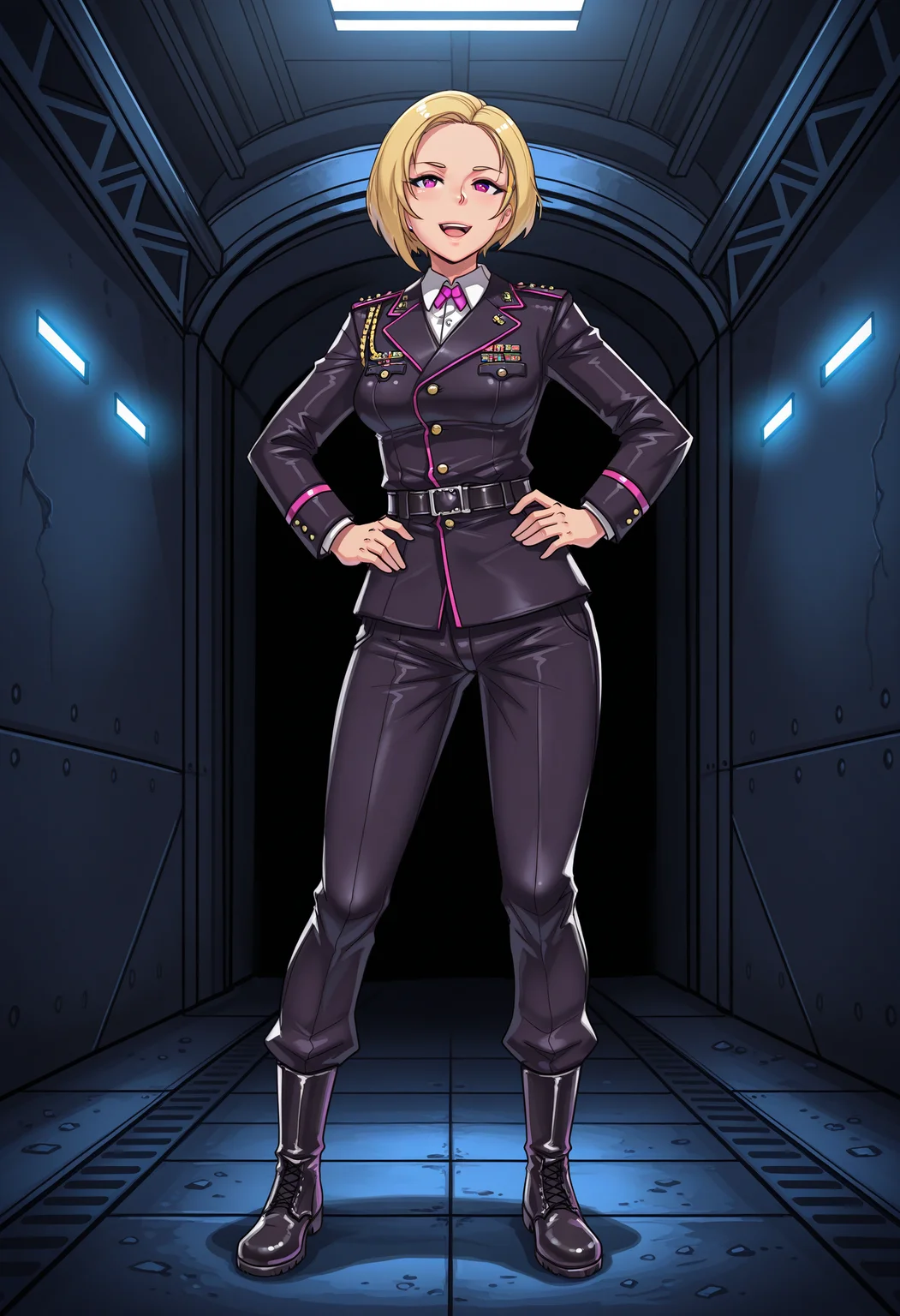 masterpiece,best quality,absurdres,1girl, <lora:IllustriousAlexander:0.75>,alexanderzh,military,military uniform,short hair,blonde hair,purple eyes,standing,hands on hips,pants,boots,happy,:d,full body,indoors,bunker,underground