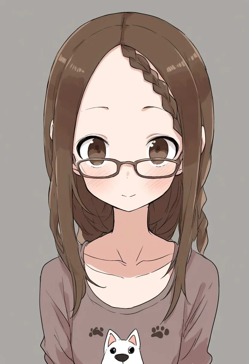 houjou (takagi-san), karakai jouzu no takagi-san, 1girl, animal print, blush, braid, braided bangs, brown-framed eyewear, brown eyes, brown hair, brown shirt, closed mouth, collarbone, dog print, forehead, glasses, grey background, head tilt, long hair, looking at viewer, print shirt, shirt, simple background, solo, swept bangs, upper body