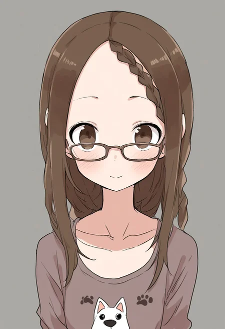 houjou (takagi-san), karakai jouzu no takagi-san, 1girl, animal print, blush, braid, braided bangs, brown-framed eyewear, brown eyes, brown hair, brown shirt, closed mouth, collarbone, dog print, forehead, glasses, grey background, head tilt, long hair, looking at viewer, print shirt, shirt, simple background, solo, swept bangs, upper body