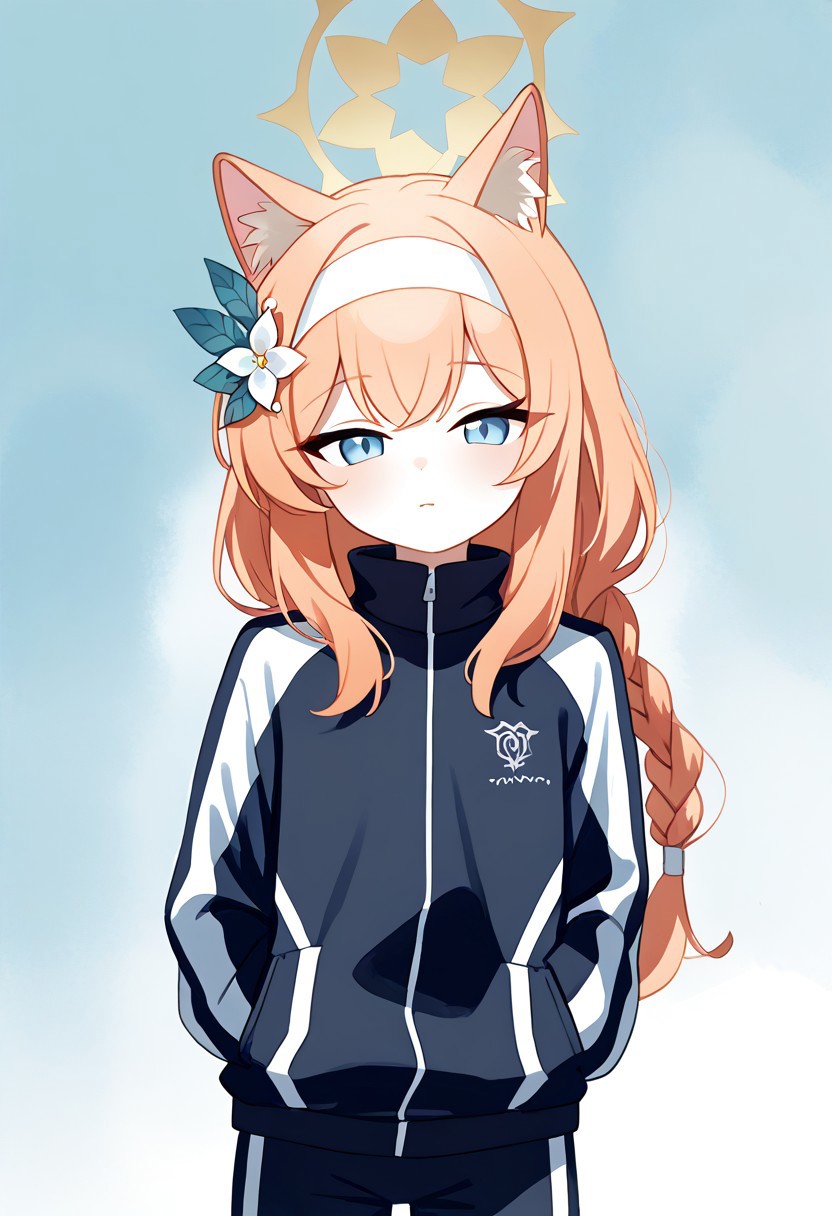 score_9, score_8_up, score_7_up, upper body Mari_(Track)_(Blue_Archive), blue_eyes, orange_hair, braid, long_hair, flat_chest, halo, hair_flower, animal_ear_fluff, gym_long pants,blue_pants,track_jacket, blue_jacket, white_hairband Mari_(Blue_Archive), Mari_(Blue_Archive), indoor upper body, ncpy45 style watercolor,upper body