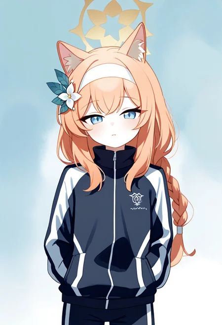 score_9, score_8_up, score_7_up, upper body Mari_(Track)_(Blue_Archive), blue_eyes, orange_hair, braid, long_hair, flat_chest, halo, hair_flower, animal_ear_fluff, gym_long pants,blue_pants,track_jacket, blue_jacket, white_hairband Mari_(Blue_Archive), Mari_(Blue_Archive), indoor upper body, ncpy45 style watercolor,upper body