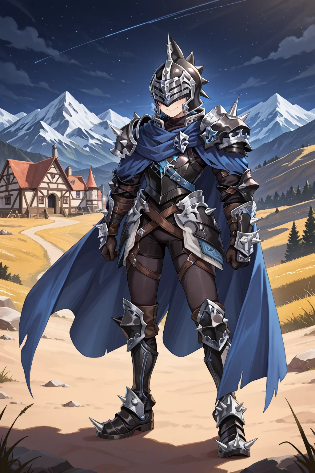 masterpiece, very aesthetic, absurdres, best quality, amazing quality, high resolution, <lora:illustrious_quality_modifiers_masterpieces_v1:0.8> , <lora:ChamIllustriousBackgroundEnhancer:0.5>, <lora:LeonIL:0.8> , LeDef, LeBK, 1boy, covered eyes, helmet, spikes, shoulder spikes, spiked armor, armor, black armor, black bodysuit, bodysuit under clothes, faulds, gauntlets, cape, blue cape, spiked footwear, armored boots, full body, wasteland, standing, exterior, night, mountain overlooking medieval village, smile,