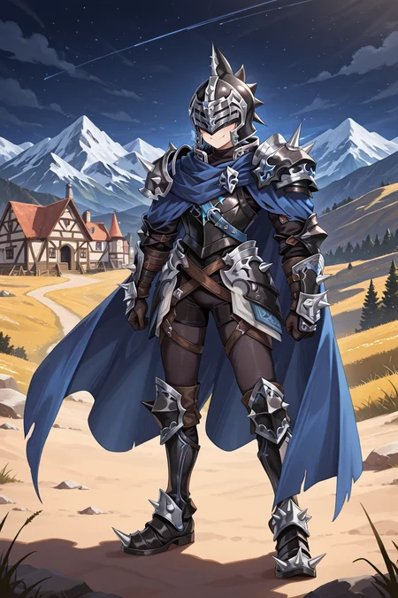masterpiece, very aesthetic, absurdres, best quality, amazing quality, high resolution, <lora:illustrious_quality_modifiers_masterpieces_v1:0.8> , <lora:ChamIllustriousBackgroundEnhancer:0.5>, <lora:LeonIL:0.8> , LeDef, LeBK, 1boy, covered eyes, helmet, spikes, shoulder spikes, spiked armor, armor, black armor, black bodysuit, bodysuit under clothes, faulds, gauntlets, cape, blue cape, spiked footwear, armored boots, full body, wasteland, standing, exterior, night, mountain overlooking medieval village, smile,