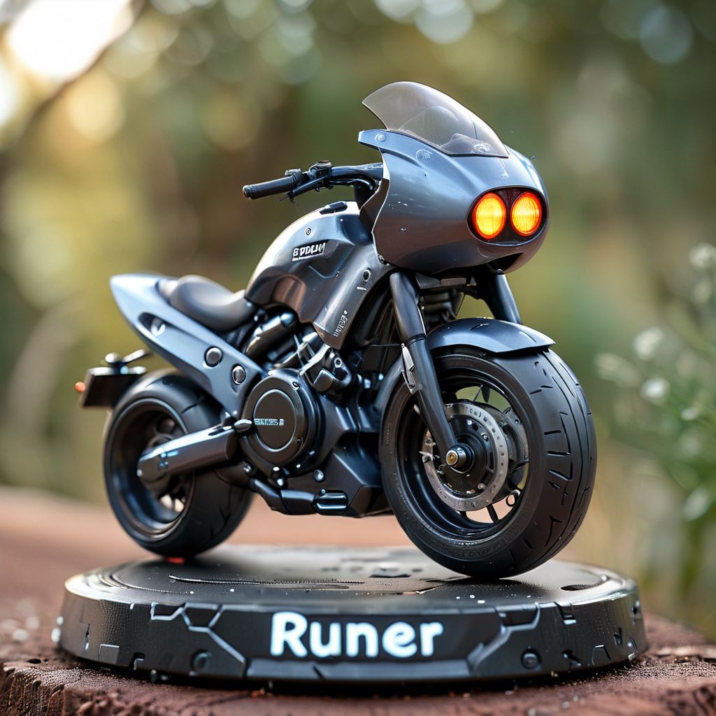 cinematic photo, a futuristic motorbike, "Runner" written, 35mm photograph, film, bokeh, professional, highly detailed