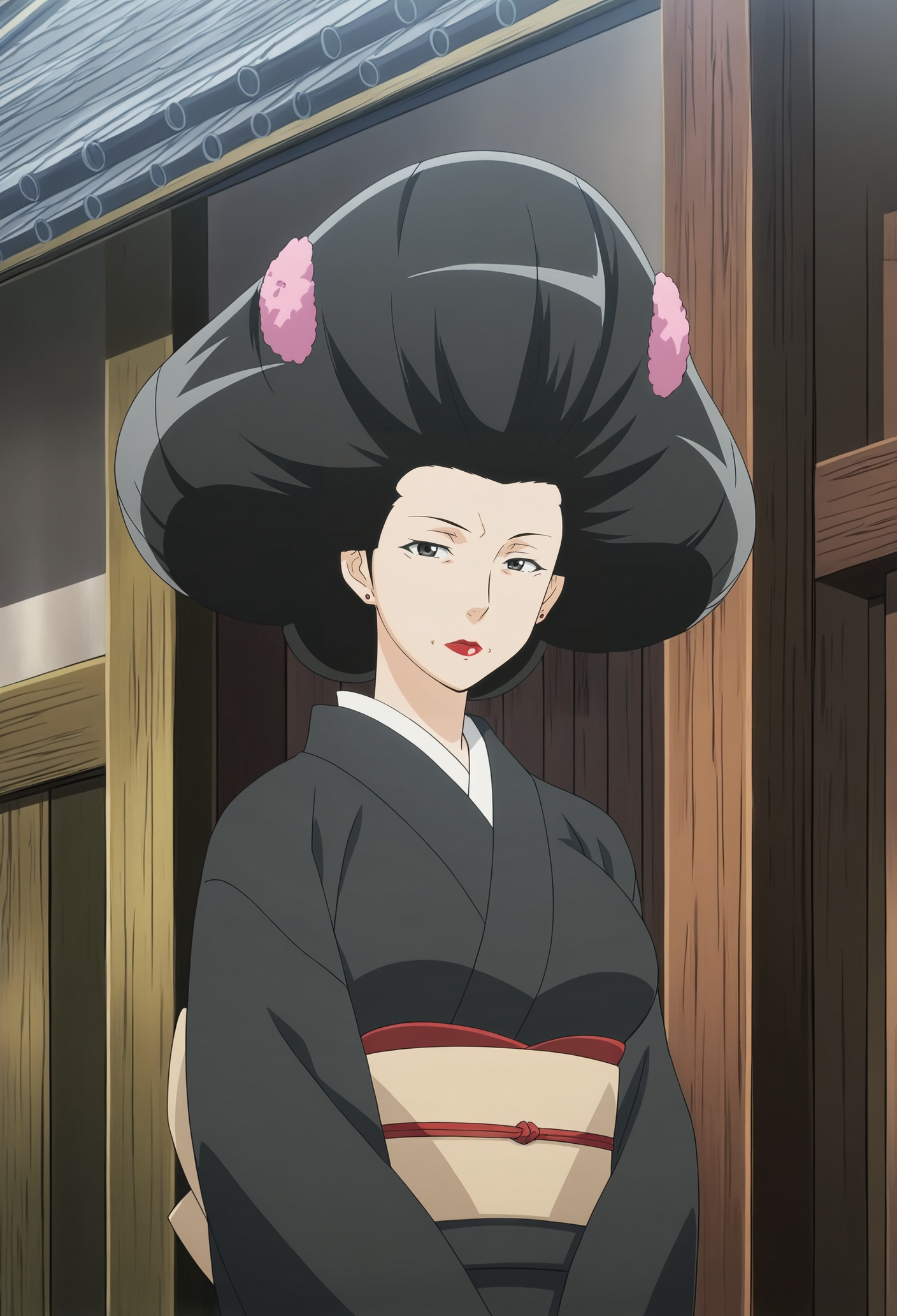 anime screencap,anime coloring,detailed face,masterpiece,best quality,very aesthetic,absurdres,volumetric lighting,official style,amazing quality,ultra detailed,highres,amazing quality,scenery,beautiful detailed hair,beautiful detailed eyes,<lora:Ayasato Kimiko-IL V1:1>,Ayasato Kimiko,1girl,solo,japanese clothes,kimono,black hair,lipstick,makeup,sash,earrings,obi,mature female,huge breasts,looking at viewer,upper body,