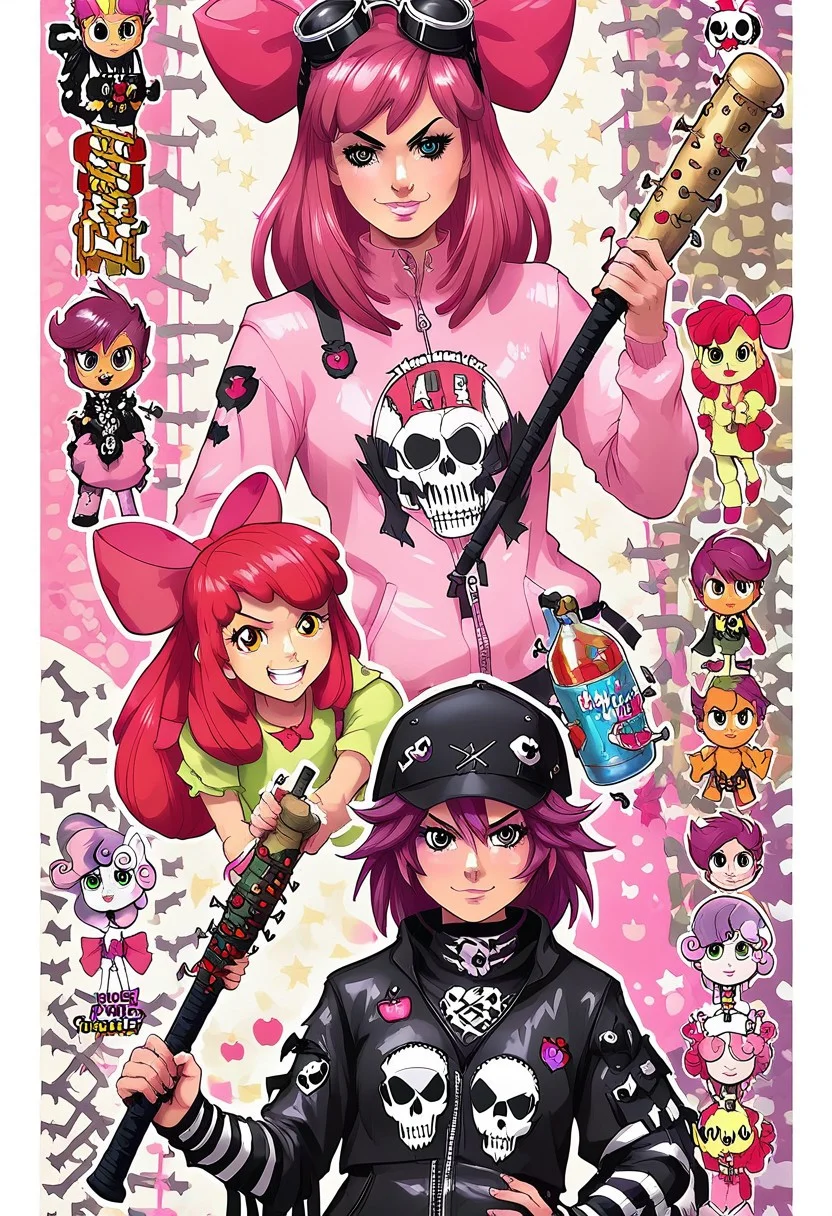 score_9, score_8_up, score_7_up, applebloom, sweetie belle, scootaloo, 3 girls, trio, biker clothes, black bandana with skulls, spiky hair on scootaloo, puple onesie blue and pink stipes, pink star tatoo, pink onesie green stripes, human 18yo, balck onsie on applebloom with white stars, applebloom holding black spiked baseball bat, holding a molotov cocktail, holding a electric whip, looking menacing, perfect face, perfect hands,
General
thighhighs 1.2), very fuzzy, (detailed background),